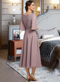 Joanne A-Line Scoop Neck Tea-Length Chiffon Lace Cocktail Dress UKP0016336