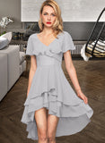 Barbara A-line V-Neck Asymmetrical Chiffon Cocktail Dress With Cascading Ruffles UKP0016357