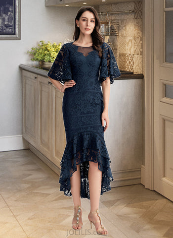 Melissa Trumpet/Mermaid Scoop Neck Asymmetrical Lace Cocktail Dress With Ruffle UKP0016371