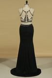 Two-Piece Spaghetti Straps Mermaid Prom Dresses Spandex With Beads And Slit