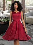 Teagan A-line V-Neck Knee-Length Satin Cocktail Dress With Appliques Lace UKP0016405