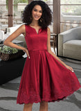 Teagan A-line V-Neck Knee-Length Satin Cocktail Dress With Appliques Lace UKP0016405