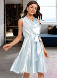 Crystal A-Line Cowl Neck Knee-Length Charmeuse Cocktail Dress With Sash Pockets UKP0016417