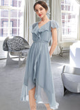 Libby A-Line V-neck Asymmetrical Chiffon Cocktail Dress With Ruffle UKP0016420