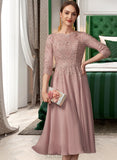 Zaniyah A-Line Scoop Neck Tea-Length Chiffon Lace Cocktail Dress With Sequins UKP0016435