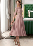 Zaniyah A-Line Scoop Neck Tea-Length Chiffon Lace Cocktail Dress With Sequins UKP0016435