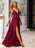 Ashleigh A-Line V-neck Floor-Length Chiffon Bridesmaid Dress With Split Front UKP0016445