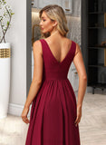 Ashleigh A-Line V-neck Floor-Length Chiffon Bridesmaid Dress With Split Front UKP0016445