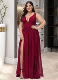 Ashleigh A-Line V-neck Floor-Length Chiffon Bridesmaid Dress With Split Front UKP0016445