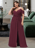 Annalise A-Line V-neck Floor-Length Chiffon Bridesmaid Dress With Ruffle Sash Split Front UKP0016446