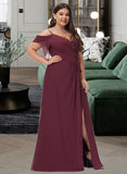 Annalise A-Line V-neck Floor-Length Chiffon Bridesmaid Dress With Ruffle Sash Split Front UKP0016446