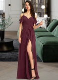 Annalise A-Line V-neck Floor-Length Chiffon Bridesmaid Dress With Ruffle Sash Split Front UKP0016446