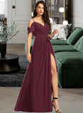 Annalise A-Line V-neck Floor-Length Chiffon Bridesmaid Dress With Ruffle Sash Split Front UKP0016446