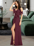 Annalise A-Line V-neck Floor-Length Chiffon Bridesmaid Dress With Ruffle Sash Split Front UKP0016446