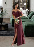 Annalise A-Line V-neck Floor-Length Chiffon Bridesmaid Dress With Ruffle Sash Split Front UKP0016446