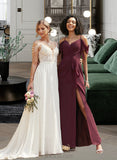 Annalise A-Line V-neck Floor-Length Chiffon Bridesmaid Dress With Ruffle Sash Split Front UKP0016446