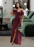 Annalise A-Line V-neck Floor-Length Chiffon Bridesmaid Dress With Ruffle Sash Split Front UKP0016446