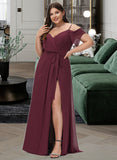 Annalise A-Line V-neck Floor-Length Chiffon Bridesmaid Dress With Ruffle Sash Split Front UKP0016446