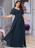 Lizbeth A-Line V-neck Floor-Length Chiffon Bridesmaid Dress With Split Front UKP0016449