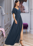 Lizbeth A-Line V-neck Floor-Length Chiffon Bridesmaid Dress With Split Front UKP0016449