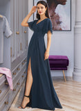 Lizbeth A-Line V-neck Floor-Length Chiffon Bridesmaid Dress With Split Front UKP0016449