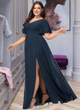 Lizbeth A-Line V-neck Floor-Length Chiffon Bridesmaid Dress With Split Front UKP0016449