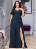 Lizbeth A-Line V-neck Floor-Length Chiffon Bridesmaid Dress With Split Front UKP0016449