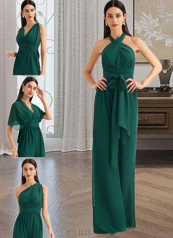 Rosa Jumpsuit/Pantsuit One-Shoulder Halter V-neck High Neck Floor-Length Chiffon Bridesmaid Dress With Ruffle UKP0016450