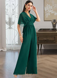 Rosa Jumpsuit/Pantsuit One-Shoulder Halter V-neck High Neck Floor-Length Chiffon Bridesmaid Dress With Ruffle UKP0016450