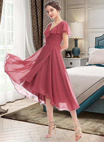 Erin A-line V-Neck Asymmetrical Chiffon Bridesmaid Dress With Ruffle UKP0016451