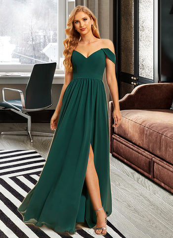 Kyra A-Line Off-the-Shoulder Floor-Length Chiffon Bridesmaid Dress With Split Front UKP0016452