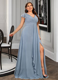 Lorelai A-Line V-neck Floor-Length Chiffon Bridesmaid Dress With Ruffle Split Front UKP0016455