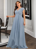 Lorelai A-Line V-neck Floor-Length Chiffon Bridesmaid Dress With Ruffle Split Front UKP0016455