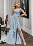 Lorelai A-Line V-neck Floor-Length Chiffon Bridesmaid Dress With Ruffle Split Front UKP0016455