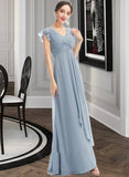 Lorelai A-Line V-neck Floor-Length Chiffon Bridesmaid Dress With Ruffle Split Front UKP0016455