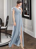 Lorelai A-Line V-neck Floor-Length Chiffon Bridesmaid Dress With Ruffle Split Front UKP0016455