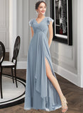 Lorelai A-Line V-neck Floor-Length Chiffon Bridesmaid Dress With Ruffle Split Front UKP0016455