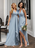 Lorelai A-Line V-neck Floor-Length Chiffon Bridesmaid Dress With Ruffle Split Front UKP0016455