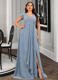 Lorelai A-Line V-neck Floor-Length Chiffon Bridesmaid Dress With Ruffle Split Front UKP0016455