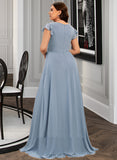 Lorelai A-Line V-neck Floor-Length Chiffon Bridesmaid Dress With Ruffle Split Front UKP0016455