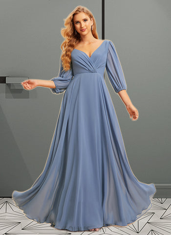 Stacy A-line V-Neck Floor-Length Chiffon Bridesmaid Dress With Ruffle UKP0016457