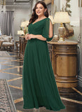 Kailyn A-line V-Neck Floor-Length Chiffon Bridesmaid Dress With Ruffle UKP0016458