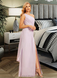 Jess A-Line One-Shoulder Floor-Length Chiffon Bridesmaid Dress With Ruffle Split Front UKP0016459