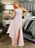 Jess A-Line One-Shoulder Floor-Length Chiffon Bridesmaid Dress With Ruffle Split Front UKP0016459