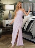 Jess A-Line One-Shoulder Floor-Length Chiffon Bridesmaid Dress With Ruffle Split Front UKP0016459