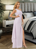 Jess A-Line One-Shoulder Floor-Length Chiffon Bridesmaid Dress With Ruffle Split Front UKP0016459