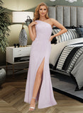 Jess A-Line One-Shoulder Floor-Length Chiffon Bridesmaid Dress With Ruffle Split Front UKP0016459