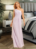 Jess A-Line One-Shoulder Floor-Length Chiffon Bridesmaid Dress With Ruffle Split Front UKP0016459