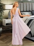 Jess A-Line One-Shoulder Floor-Length Chiffon Bridesmaid Dress With Ruffle Split Front UKP0016459