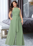 Joselyn Jumpsuit/Pantsuit High Neck Floor-Length Chiffon Bridesmaid Dress With Bow(s) UKP0016462